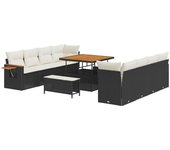 Conjunto de sofá de jardín de 11 piezas con cojines negro poliratán acacia, conjunto de comedor de jardín de 3 piezas con cojines negro poliratán acac