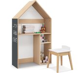 Escritorio infantil 2 en 1 en forma de casa con pizarra, banco de madera, antivuelco, espacio de almacenaje, librería para niños a partir de 3 años