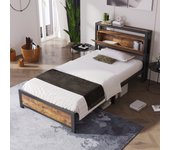 Cama de metal cama individual para adolescentes de 90 x 200 cm con cabecero de almacenamiento y somier de láminas de metal, cama para niños estructura