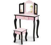 Tocador infantil de madera, tocador de maquillaje princesa con taburete y espejo, placa extraíble, mesa de cosméticos con cajón, 60 x 27,5 x 97,5 cm