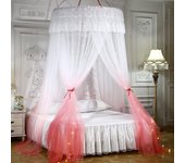 Dosel de cama princess con luces, dosel en forma de cúpula, cortinas, mosquitera para cama doble (120 x 270 x 1000 cm, rosa y blanco)