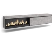 Mueble tv, televisión, 237x35x45cm, para tv gran formato, chimenea eléctrica xxl, colgado, suspendido, cemento