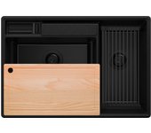 Primagran fregadero cocina todo negro 78x53cm, fregadero granito 2 senos + sifón + accesorios, fregadero sobre encimera al mueble 80cm - paris