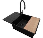 Primagran fregadero granito todo negro 78x50cm, fregadero cocina 1 seno + sifón + accesorios, fregadero sobre encimera al mueble 60cm - copenhague