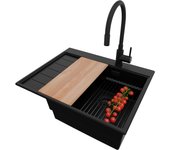 Primagran fregadero granito todo negro 62x50cm, fregadero cocina 1 seno + sifón + accesorios, fregadero sobre encimera al mueble 45cm - sydney