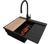 Primagran fregadero granito todo negro 62x50cm, fregadero cocina 1 seno + sifón + accesorios, fregadero sobre encimera al mueble 45cm - sydney