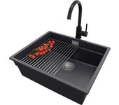 Primagran fregadero granito grafito 56x47cm, fregadero cocina 1 seno + sifón + accesorios, fregadero sobre encimera al mueble 60cm - prague slim