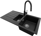 Primagran fregadero granito negro metallic 90x50cm, fregadero cocina 1,5 senos + sifón + accesorios, fregadero sobre encimera al mueble 60cm