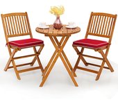 Juego de 3 piezas de jardín plegable, 2 cojines+2 sillas+1 mesa de madera de acacia, muebles de jardín de madera, mesa y silla de exterior (rojo)
