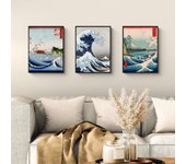 Lote de 3 láminas japonesas (póster sobre papel, 40x30 cm, sin marco): las olas de hokusai y hiroshige