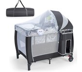 Cama plegable con ruedas, cambiador y colchón, con lindos juguetes y bolsa de transporte, para bebés de 0 a 36 meses, carga máxima 15 kg, gris