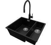 Primagran fregadero granito negro 56x47cm, fregadero cocina 1,5 senos + sifón + accesorios, fregadero sobre encimera al mueble 60cm - london slim duo