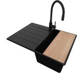 Primagran fregadero granito todo negro 70x50cm, fregadero cocina 1 seno + sifón + accesorios, fregadero sobre encimera al mueble 40cm - copenhague