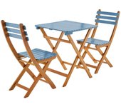 Mesa de jardín de madera de acacia con 2 sillas plegables, hilora, azul, 60x60x8 cm