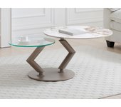 Mesa de centro con tableros pivotantes de cerámica, vidrio templado y metal topo - efecto mármol blanco y gris - eldova