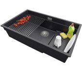 Primagran fregadero bajo encimera grafito 76x47cm, fregadero cocina 1 seno + sifón + enrollable escurridor, fregadero granito al mueble 80cm - prague