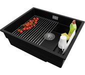 Primagran fregadero cocina negro 56x47cm, fregadero granito 1 seno + sifón + accesorios, fregadero sobre encimera al mueble 60cm - prague slim