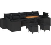 Conjunto de sofá de jardín de 10 piezas con cojines negro de ratán poliéster acacia, conjunto de comedor de jardín de 3 piezas con cojines negro de ra