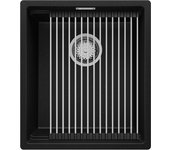 Primagran fregadero cocina negro metallic 41x47cm, fregadero granito 1 seno + sifón + accesorios, fregadero sobre encimera al mueble 45cm
