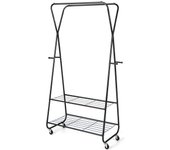 Perchero de pie con ruedas, 2 barras, 2 estantes y 4 ganchos, colgador de metal con zapatero para colgar ropa, para dormitorio, balcón, negro