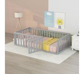 Cama infantil 90 x 200, somier de madera somier con barrera y puerta, gris