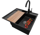 Primagran fregadero granito negro metallic 62x53cm, fregadero cocina 1 seno + sifón + accesorios, fregadero sobre encimera al mueble 45cm