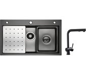 Fregadero cecipa max 1 seno 70×45cm negro con escurridor, lavabo y dosificador de jabón + grifo de cocina con ducha extraíble, mezclador lavabo negro