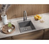 Primagran fregadero cocina gris 43x50cm, fregadero granito 1 seno + sifón, fregadero sobre encimera al mueble 45cm - riga