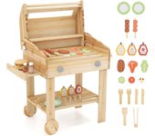 Juguete de parrilla de barbacoa de madera para niños, set de juego de parrilla con comida de juguete, herramientas de cocina y botellas de sazones,