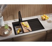 Primagran fregadero cocina negro 78x50cm, fregadero granito 1 seno + sifón + accesorios, fregadero sobre encimera al mueble 45cm - sydney