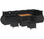 Conjunto de sofá de jardín de 9 piezas con cojines negros de poliratán de acacia, conjunto de comedor de jardín de 3 piezas con cojines negros de poli