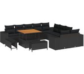 Conjunto de sofás de jardín de 13 piezas negro poliratán acacia, conjunto de comedor de jardín de 3 piezas negro poliratán acacia