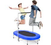 Trampolín fitness plegable ø 153 cm para 2 personas, barra ajustable de 5 peldaños, cama elástica infantil para niños/adultos, carga 150 kg, azul