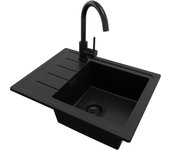 Primagran fregadero granito todo negro 55x44cm, fregadero cocina 1 seno + sifón + accesorios, fregadero sobre encimera al mueble 45cm