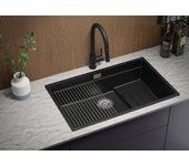 Primagran fregadero cocina negro metallic 76x47cm, fregadero granito 1 seno + sifón + accesorios, fregadero sobre encimera al mueble 80cm