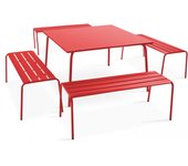 Mesa de jardín cuadrada y 4 bancos de metal rojo, palavas - oviala