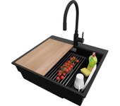 Primagran fregadero granito negro 58x53cm, fregadero cocina 1 seno + sifón + accesorios, fregadero sobre encimera al mueble 60cm - oslo max