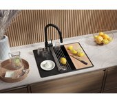 Primagran fregadero cocina negro metallic 62x50cm, fregadero granito 1 seno + sifón + accesorios, fregadero sobre encimera al mueble 50cm