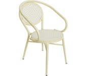 Silla de jardín estilo bistró parisino en aluminio y ratán beige.