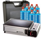 Plancha de gas portátil kemper 2300w + 8 cartuchos camping gas + maletín de transporte