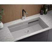Primagran fregadero bajo encimera gris 86x47cm, fregadero cocina 1 seno + sifón + enrollable escurridor, fregadero granito al mueble 90cm - prague