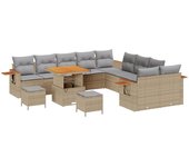 Conjunto de sofá de jardín de 13 piezas con cojines beige rattan sintético acacia, conjunto de comedor de jardín de 3 piezas con cojines beige rattan