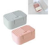 Paquete de 2 jaboneras portátiles de plástico con tapa para baño, ducha, cocina, fregadero, camping, senderismo, gimnasio y exteriores (rosa y azul)