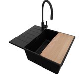 Primagran fregadero granito todo negro 62x50cm, fregadero cocina 1 seno + sifón + accesorios, fregadero sobre encimera al mueble 50cm - copenhague
