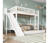 Cama superpuesta para niños 90x200/190 cm - con cama nido - con tobogán y escalera recta de 4 peldaños - madera macida + mdf - blanco (sin colchón)