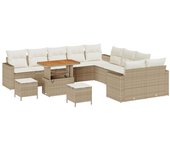Conjunto de sofá de jardín de 13 piezas con cojines beige de poliratán acacia, conjunto de comedor de jardín de 3 piezas con cojines beige de poliratá