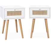 Mesita de noche con efecto madera y caña, set de 2, boheme, blanco roto, 39x39x55.4 cm