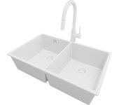 Primagran fregadero granito todo blanco 76x47cm, fregadero cocina 2 senos + sifón + accesorios, fregadero sobre encimera al mueble 80cm