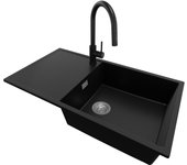 Primagran fregadero granito negro 90x50cm, fregadero cocina 1 seno + grifo 40x22cm + sifón, fregadero sobre encimera al mueble 60cm - ibiza