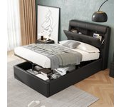 Cama infantil 90 x 200 cm - cabecero con almacenaje - somier incluido - pu negro (sin colchón)